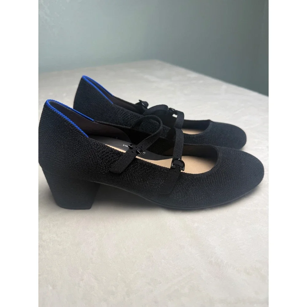 Rothys The Mary Jane Heel Black Double Strap Block Heel Pump Shoes Womens 9